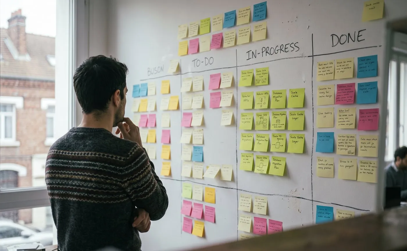 A person studying a planning board covered in sticky notes, most of them still in the to-do column (illustration photo)