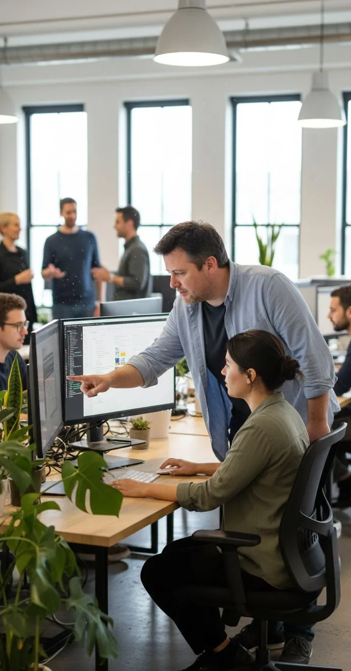 An engineer leaning over a colleague’s screen in a bright studio (illustration)