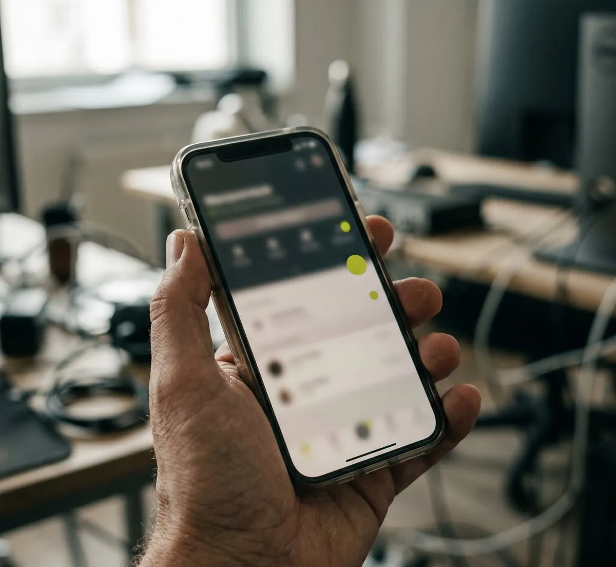 Une main tient un téléphone ouvert sur une application de terrain