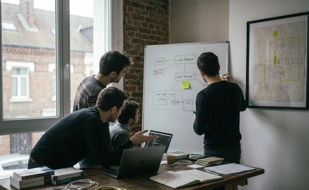 Two engineers working through an architecture diagram on a whiteboard (illustration photo)