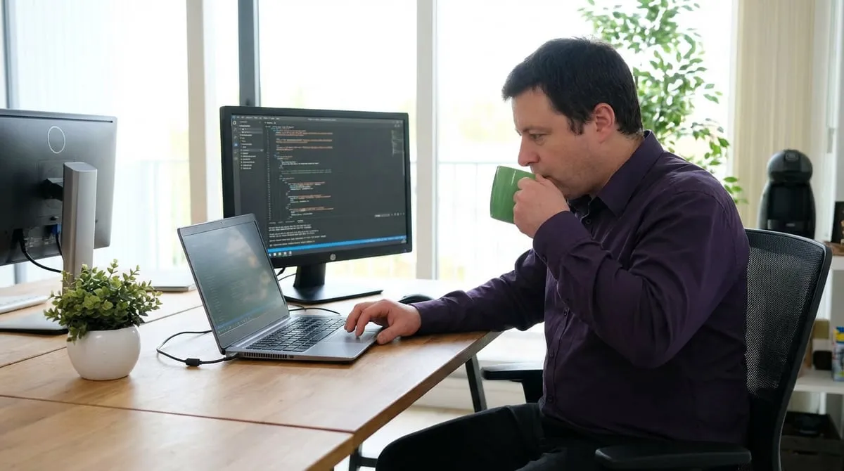 Laurent Tulpan at his desk, code open on the screen (illustration generated from his portrait)