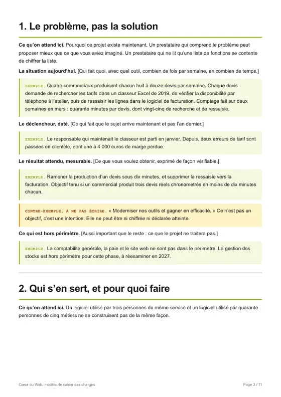 Page 3 du modèle : une section, avec ses exemples remplis et son contre-exemple