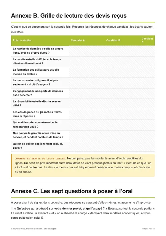 Page 10 du modèle : la grille de lecture des devis reçus