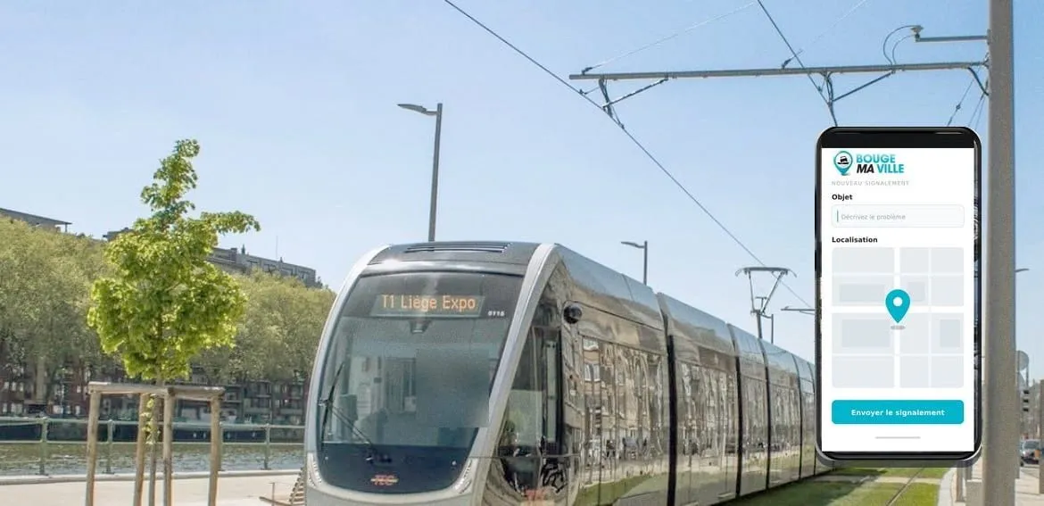 Le tram de Liège en service le long de la Meuse et, au premier plan, un téléphone qui affiche un signalement de riverain