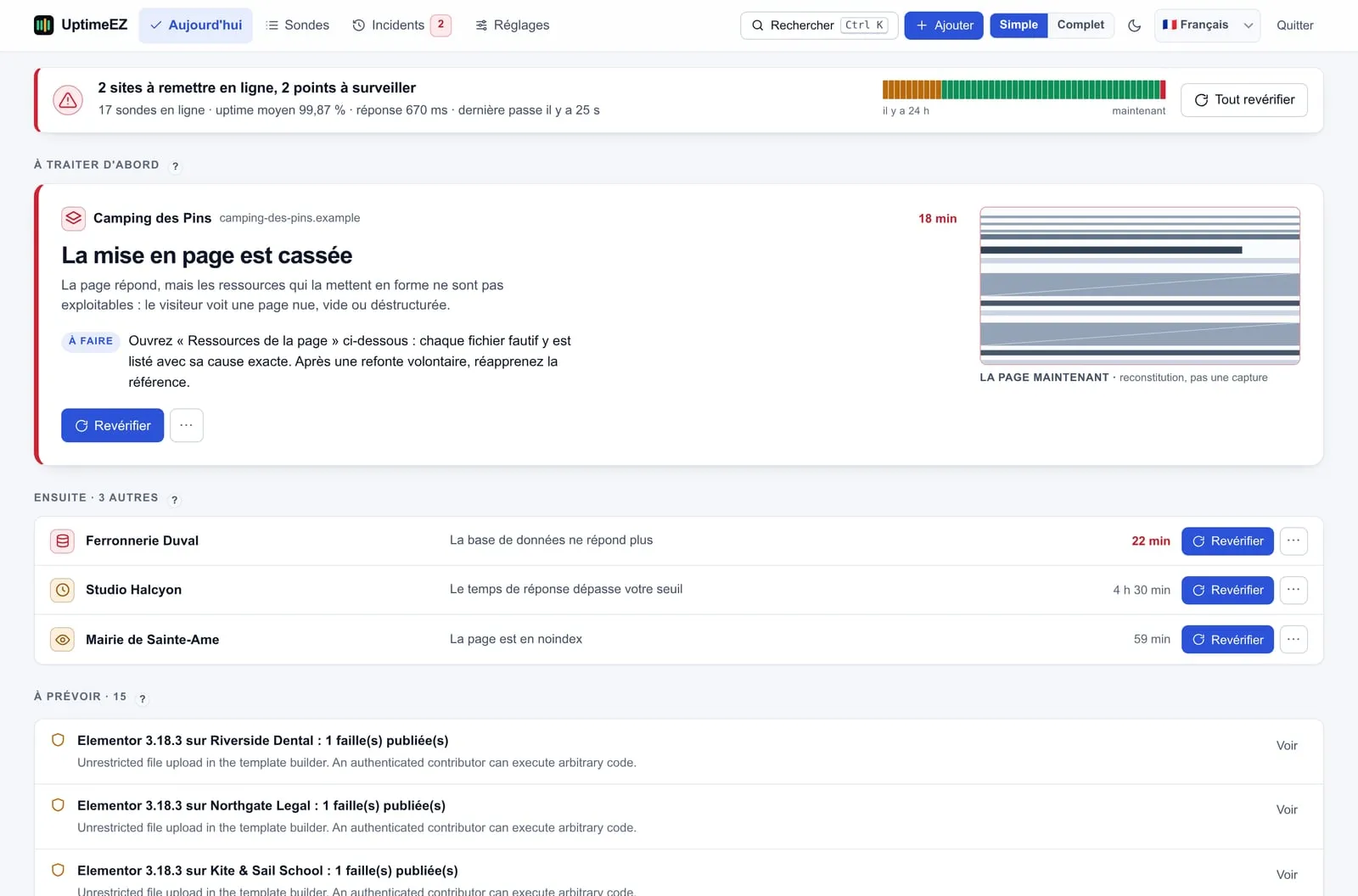 UptimeEZ dashboard listing the monitored sites of the day, with two pages flagged for a broken layout