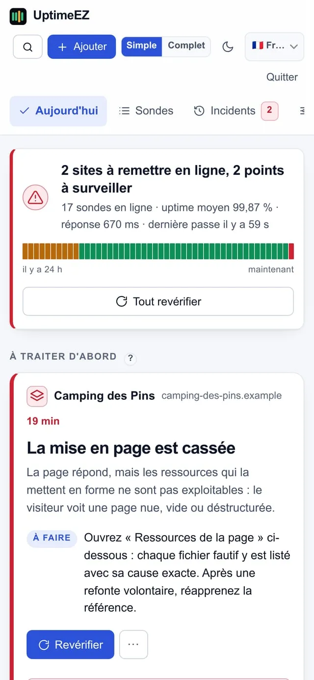 UptimeEZ on a phone: two sites to restore, with the exact cause