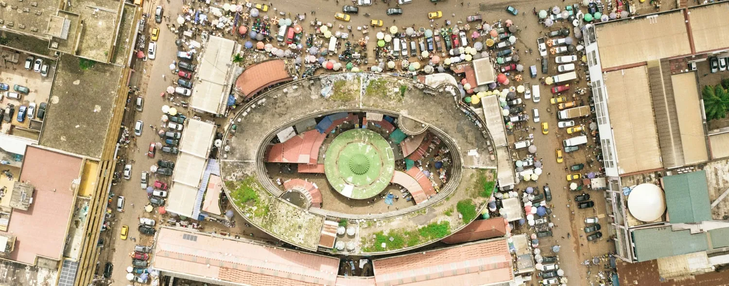 Aerial view of a market district in Yaoundé, Cameroon, the city the addressing base describes