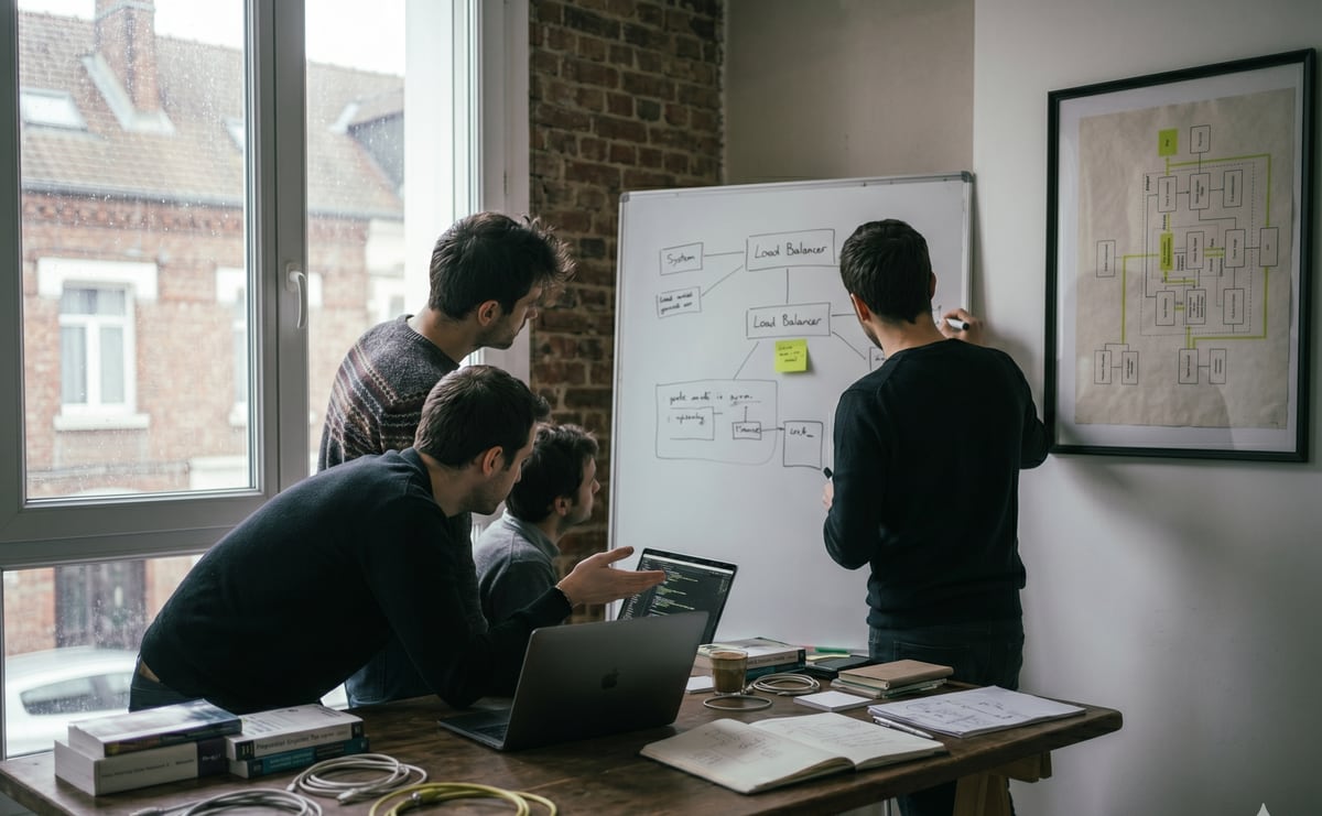 Trois développeurs à un whiteboard, schéma d'architecture load balancer en cours