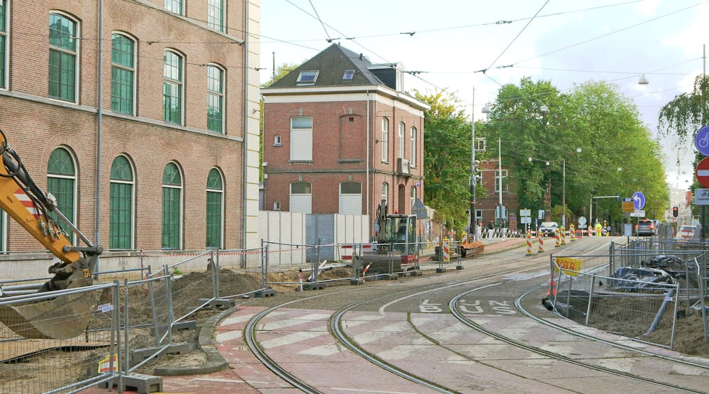 Tramway construction site, with works signage