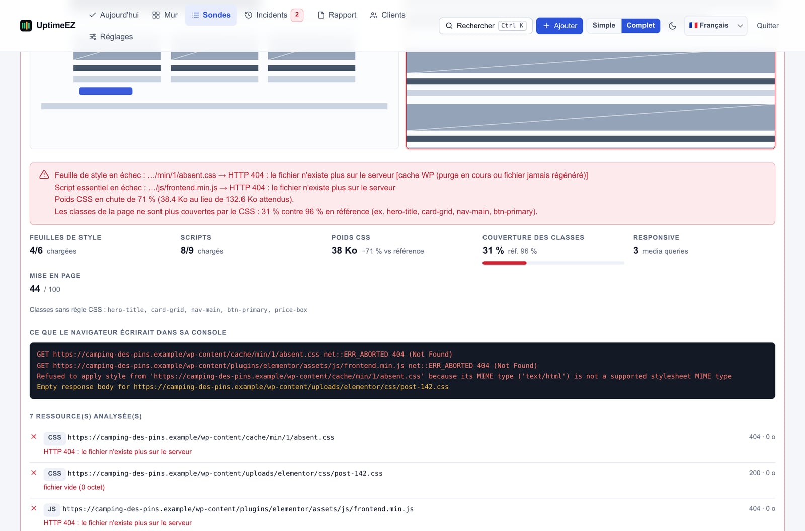 Panneau des ressources de la page : feuille de style en échec avec son code 404, poids du CSS en chute de 71 %, couverture des classes à 31 % contre 96 % en référence, et les erreurs reconstituées de la console du navigateur