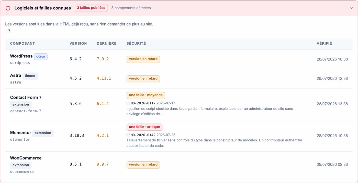 Tableau des logiciels détectés sur un site : WordPress, thème et extensions avec leur version installée, la dernière version disponible, et les failles publiées avec leur gravité