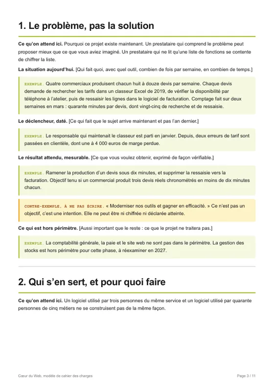 Page 3 du modèle : une section, avec ses exemples remplis et son contre-exemple