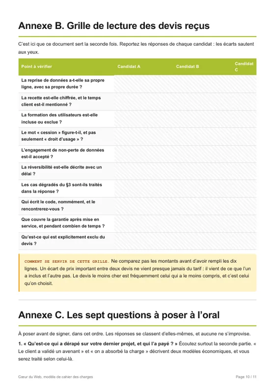Page 10 du modèle : la grille de lecture des devis reçus